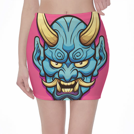 Blue Japanese Demon Print Pencil Mini Skirt