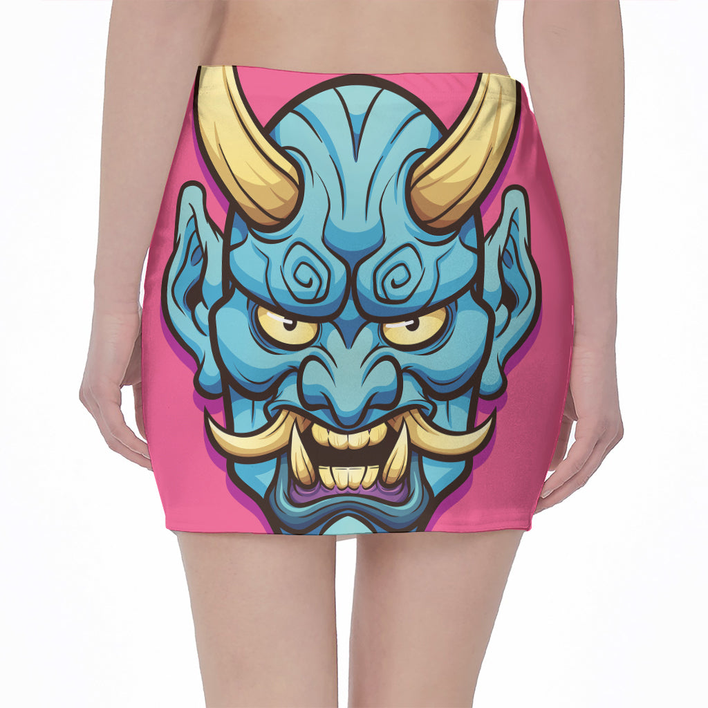 Blue Japanese Demon Print Pencil Mini Skirt