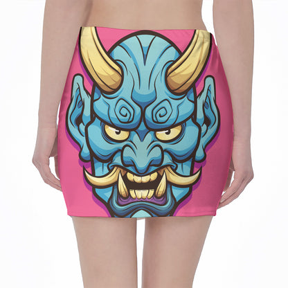 Blue Japanese Demon Print Pencil Mini Skirt