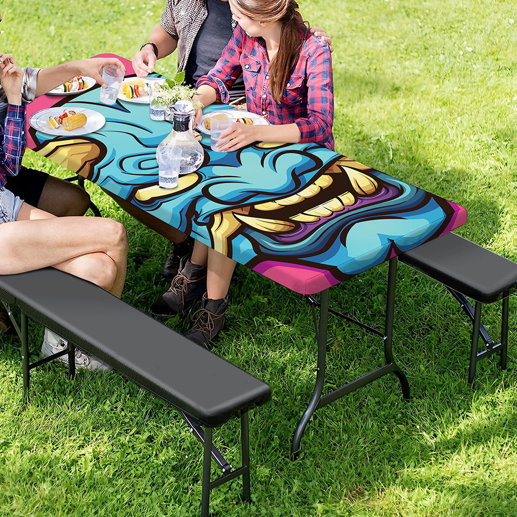 Blue Japanese Demon Print Picnic Table Cover