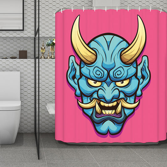Blue Japanese Demon Print Polyester Shower Curtain