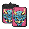 Blue Japanese Demon Print Pot Holders With Pocket