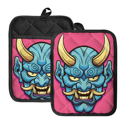 Blue Japanese Demon Print Pot Holders With Pocket