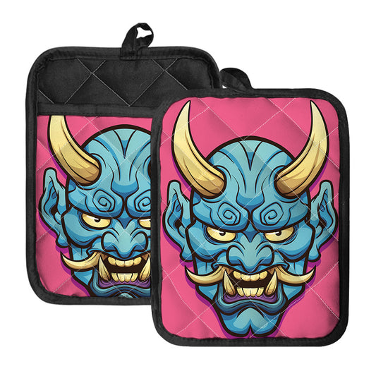 Blue Japanese Demon Print Pot Holders With Pocket