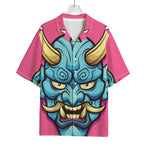 Blue Japanese Demon Print Rayon Hawaiian Shirt