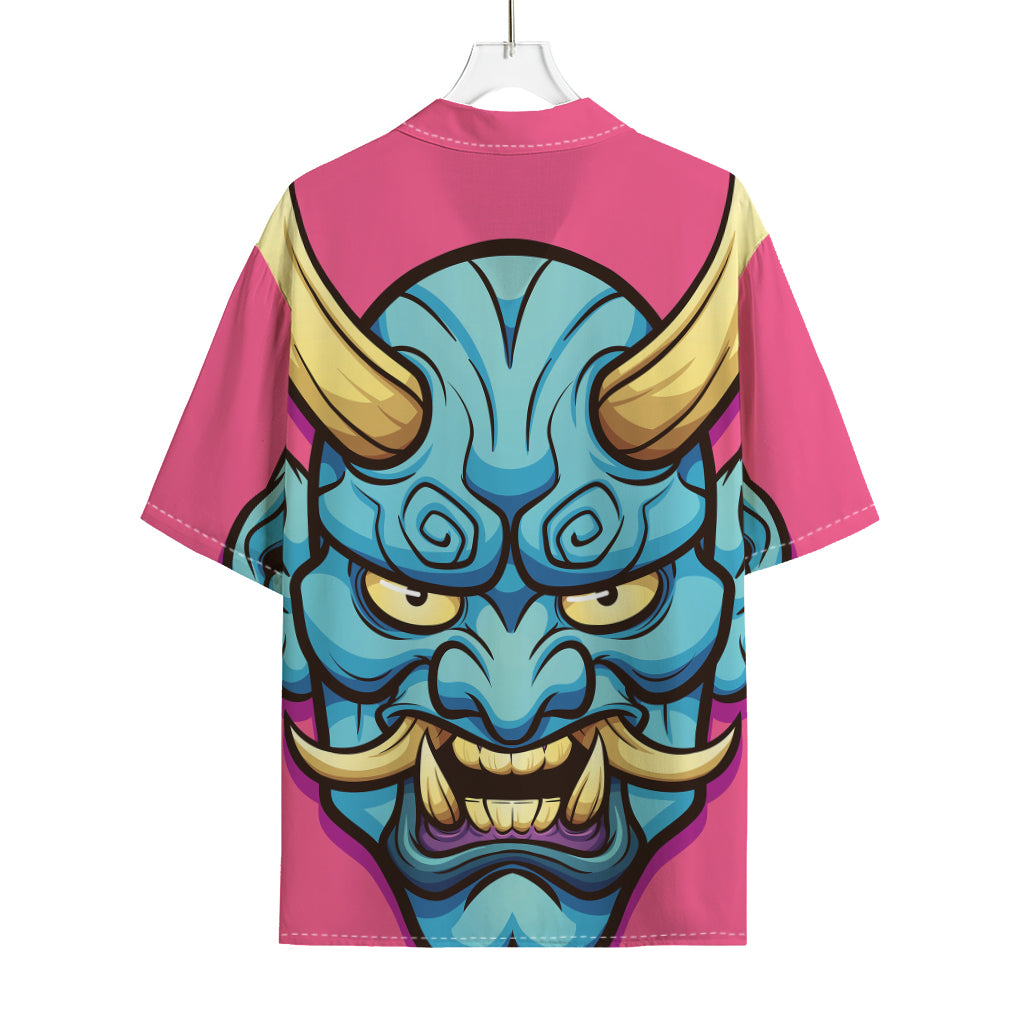Blue Japanese Demon Print Rayon Hawaiian Shirt