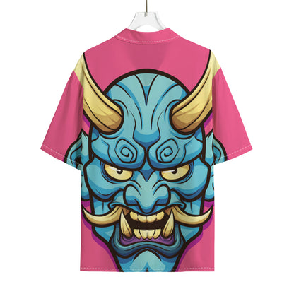 Blue Japanese Demon Print Rayon Hawaiian Shirt