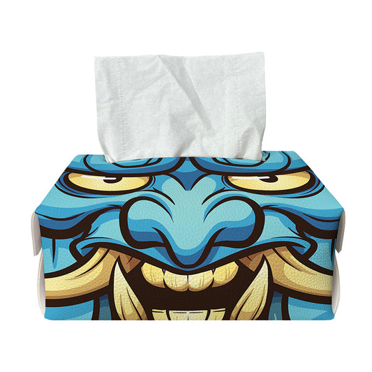 Blue Japanese Demon Print Rectangle Tissue Box Cover