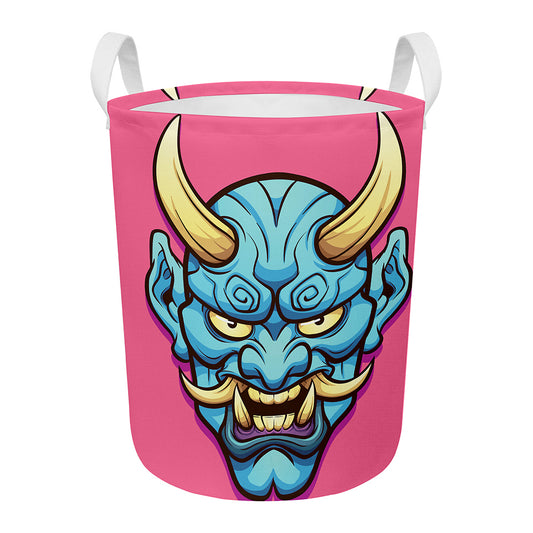 Blue Japanese Demon Print Round Laundry Basket