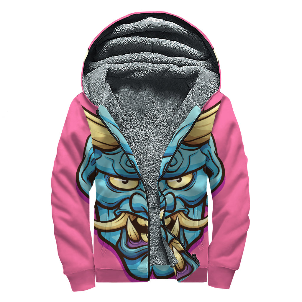 Blue Japanese Demon Print Sherpa Lined Zip Up Hoodie