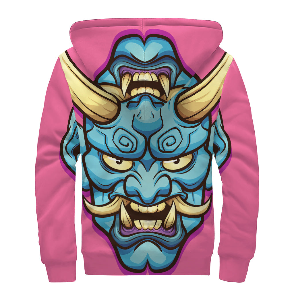 Blue Japanese Demon Print Sherpa Lined Zip Up Hoodie