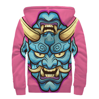 Blue Japanese Demon Print Sherpa Lined Zip Up Hoodie