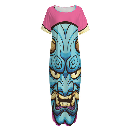 Blue Japanese Demon Print Short Sleeve Long Nightdress