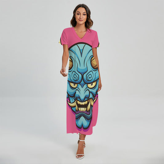 Blue Japanese Demon Print Short Sleeve Maxi Dress
