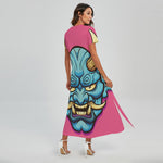 Blue Japanese Demon Print Short Sleeve Maxi Dress