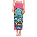Blue Japanese Demon Print Side Slit Maxi Skirt