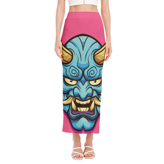 Blue Japanese Demon Print Side Slit Maxi Skirt