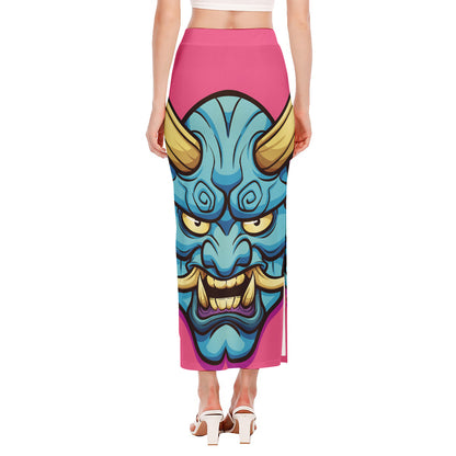 Blue Japanese Demon Print Side Slit Maxi Skirt