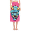 Blue Japanese Demon Print Side Slit Midi Skirt