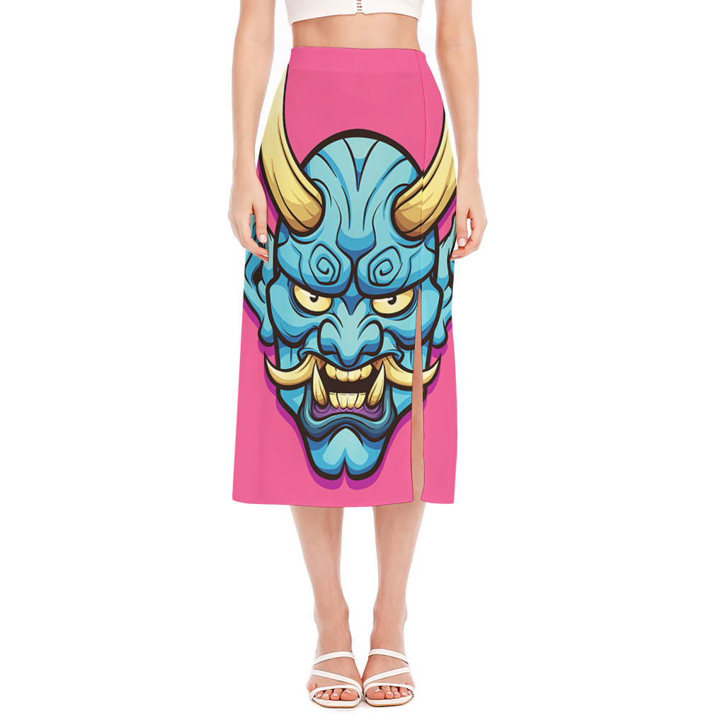 Blue Japanese Demon Print Side Slit Midi Skirt