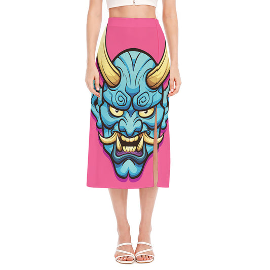 Blue Japanese Demon Print Side Slit Midi Skirt