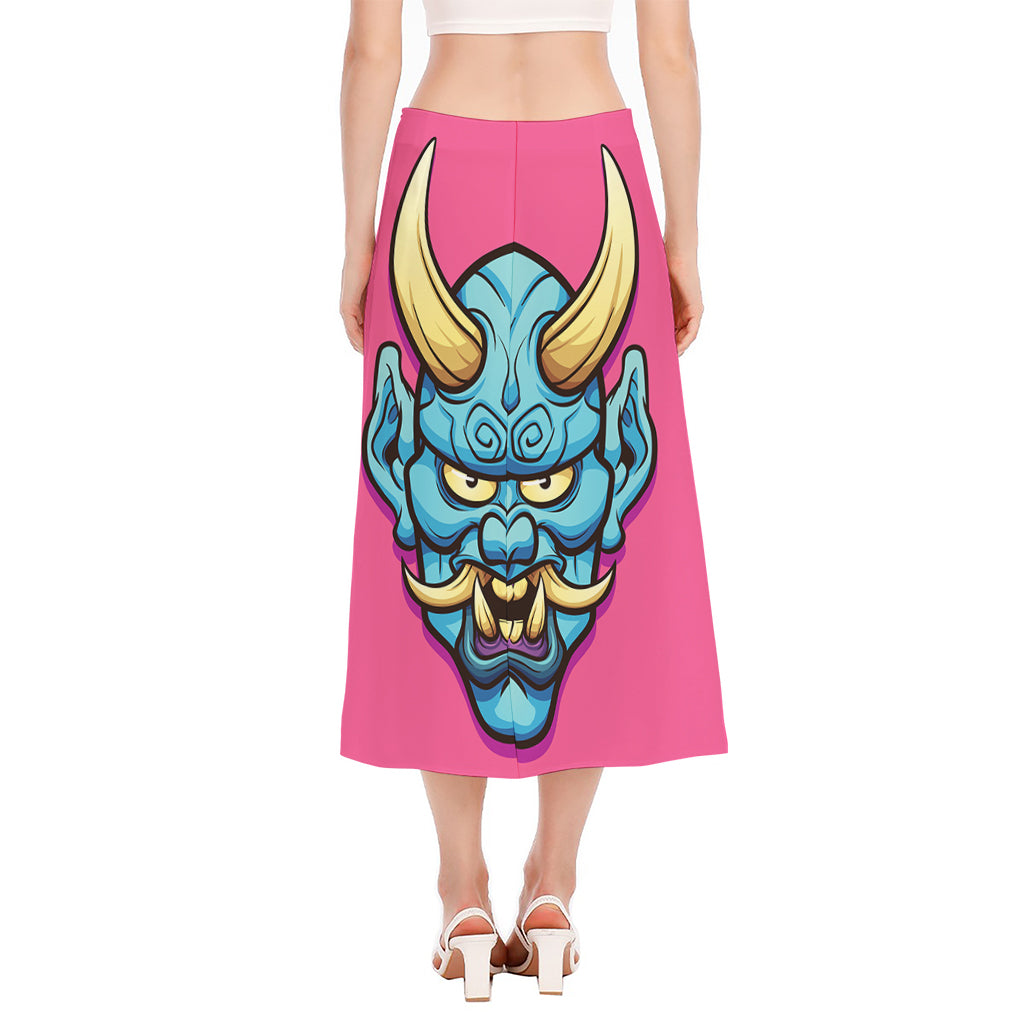 Blue Japanese Demon Print Side Slit Midi Skirt