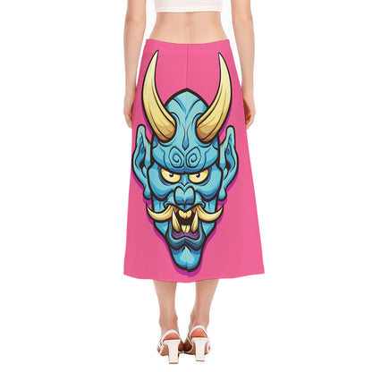 Blue Japanese Demon Print Side Slit Midi Skirt