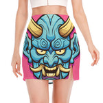 Blue Japanese Demon Print Side Slit Mini Skirt