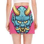 Blue Japanese Demon Print Side Slit Mini Skirt