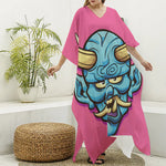 Blue Japanese Demon Print Silk V-Neck Kaftan Dress