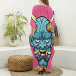 Blue Japanese Demon Print Silk V-Neck Kaftan Dress