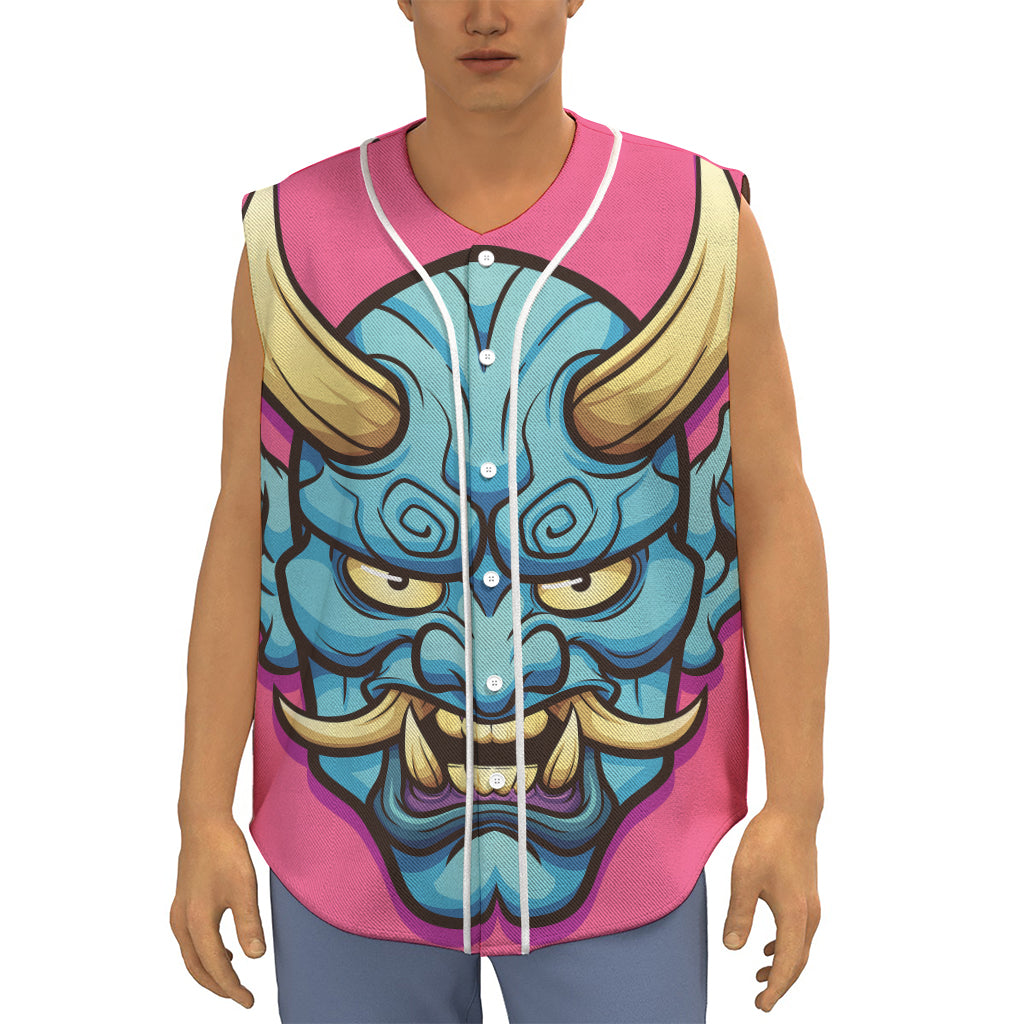 Blue Japanese Demon Print Sleeveless Baseball Jersey