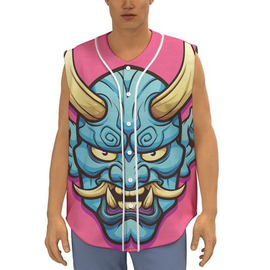 Blue Japanese Demon Print Sleeveless Baseball Jersey
