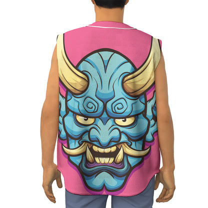 Blue Japanese Demon Print Sleeveless Baseball Jersey