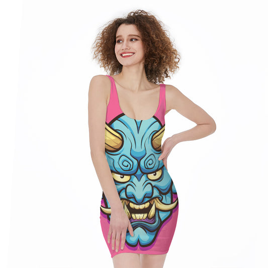 Blue Japanese Demon Print Sleeveless Bodycon Dress