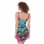 Blue Japanese Demon Print Sleeveless Bodycon Dress