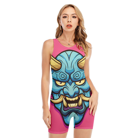 Blue Japanese Demon Print Sleeveless One Piece Swimsuit