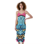 Blue Japanese Demon Print Slim Fit Midi Cami Dress