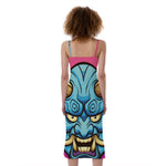 Blue Japanese Demon Print Slim Fit Midi Cami Dress