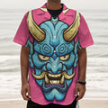 Blue Japanese Demon Print Textured Short Sleeve Shirt