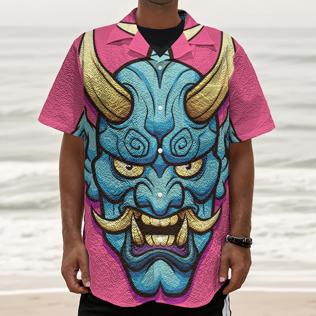 Blue Japanese Demon Print Textured Short Sleeve Shirt