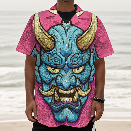 Blue Japanese Demon Print Textured Short Sleeve Shirt