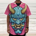 Blue Japanese Demon Print Textured Short Sleeve Shirt