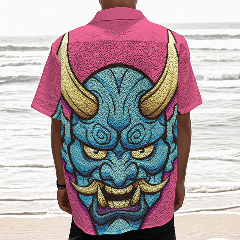 Blue Japanese Demon Print Textured Short Sleeve Shirt