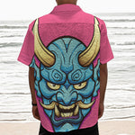 Blue Japanese Demon Print Textured Short Sleeve Shirt