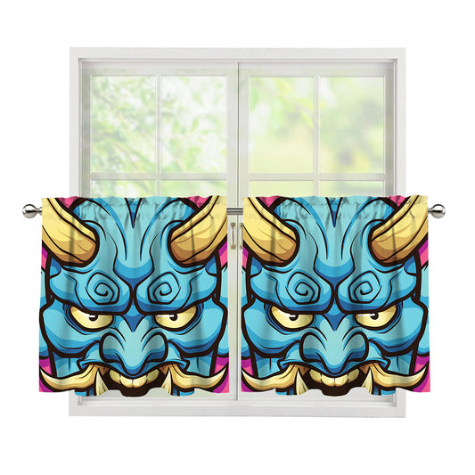 Blue Japanese Demon Print Tier Curtains