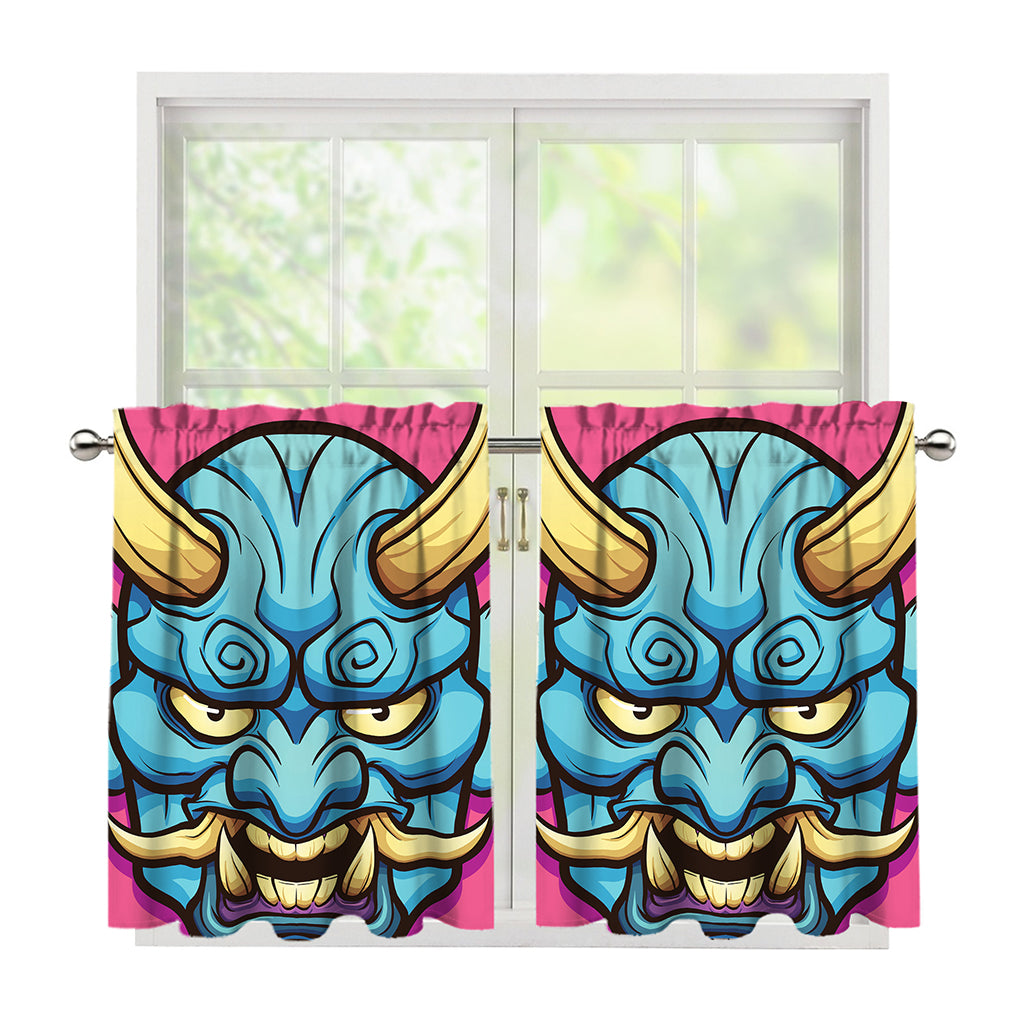 Blue Japanese Demon Print Tier Curtains