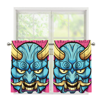Blue Japanese Demon Print Tier Curtains