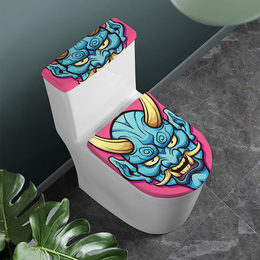 Blue Japanese Demon Print Toilet Lid And Tank Cover Set