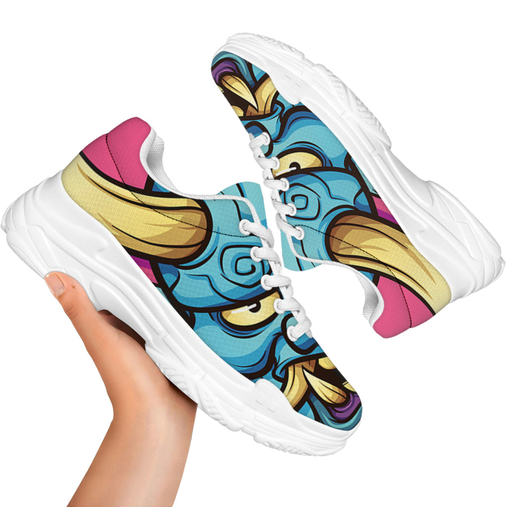 Blue Japanese Demon Print White Chunky Shoes
